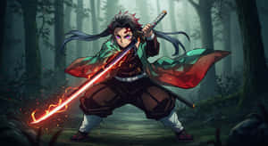 動漫武士戰士手持發光劍站在迷霧森林中