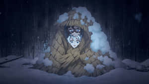 兩個動漫角色在夜間擠在稻草斗篷下的雪地裡。