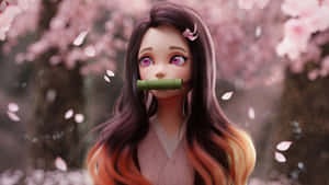 動漫女孩在櫻花下嘴含竹管