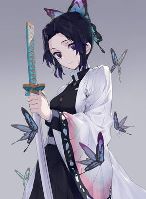 動漫女孩戴著蝴蝶髮飾，手持劍，被蝴蝶環繞。 — 鬼滅之刃 壁紙