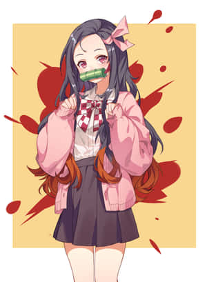 穿著校服的動漫女孩，手持竹管，背景是紅色飛濺。 — 鬼滅之刃 壁紙