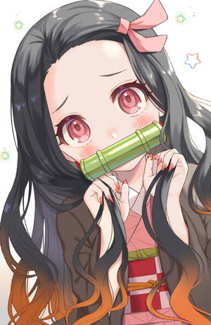 長髮粉紅蝴蝶結動漫少女吹奏竹笛，帶有閃爍效果。 — 鬼滅之刃 壁紙
