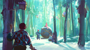 一個穿著格仔衫嘅年輕人望住其他人圍住一個大石球喺雪地森林。 — 鬼滅之刃 壁紙