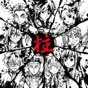 七個黑白動漫角色，中央有紅色漢字和墨水飛濺。 — 鬼滅之刃 善逸 壁紙