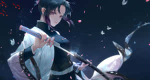 動漫女孩，黑髮紫眼，手持武士刀，夜晚被櫻花和蝴蝶環繞。