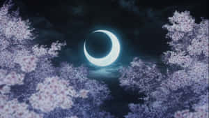彎月在夜間櫻花樹後發光 — 鬼滅之刃 壁紙