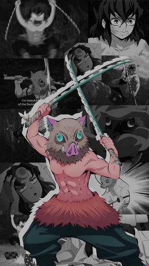 黑白角色拼貼畫中的動漫惡魔戰士持劍。