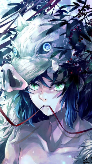 藍髮綠眼的動漫女孩被白色狼靈和深色樹葉環繞。 — 鬼滅之刃 壁紙