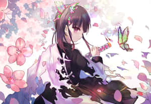 戴著蝴蝶髮夾的動漫女孩握著劍，被櫻花環繞。