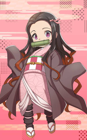 動漫女孩穿粉紅和服手持竹劍在粉紅圖案背景前 — 動畫手機GIF 壁紙