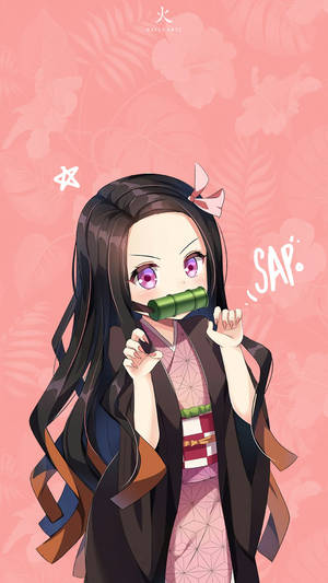 穿著傳統服飾的動漫少女在粉紅花卉背景下手持竹笛。 — 動畫手機GIF 壁紙