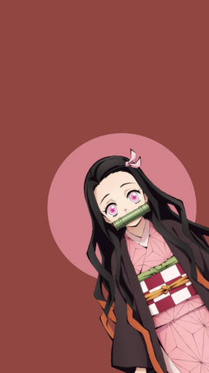 戴竹製口塞粉紅眼動漫少女穿傳統和服，紅色背景。 — 鬼滅之刃 炭治郎 GIF 壁紙