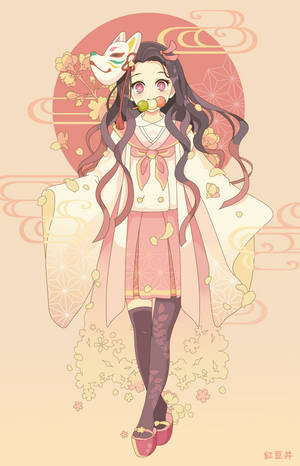 身穿粉紅色和服，戴著狐狸面具，櫻花飄落在她周圍的動漫女孩。 — 動畫手機GIF 壁紙