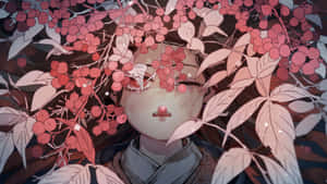 動漫女孩被粉紅色漿果和葉子包圍在寧靜的場景中。