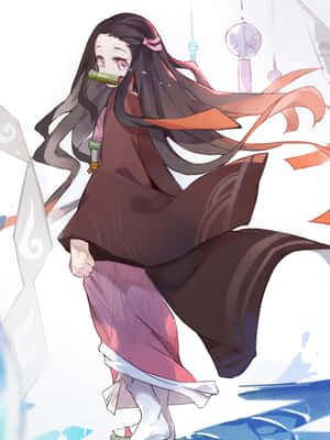 身穿傳統長袍的動漫少女，飄逸長髮，抽象背景，手持竹劍。