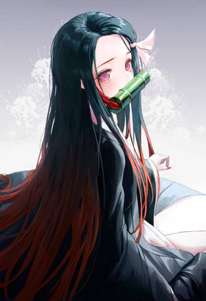 長長的黑髮和粉紅色眼睛的動漫女孩，將竹笛放在唇邊。 — 鬼滅之刃 禰豆子 壁紙