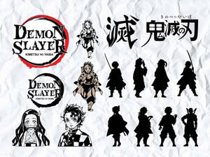 Demon Slayer 動畫標誌和角色設計在紋理紙上。