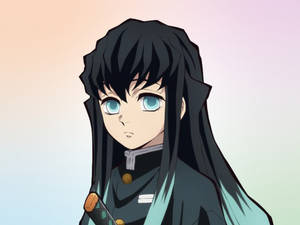 長黑髮藍眼動漫少女穿著深色制服手持劍。