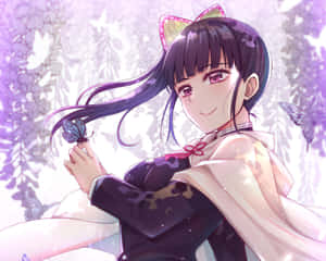 貓耳動漫女孩在紫色紫藤花中捧著一隻蝴蝶。
