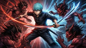 藍髮動漫戰士用發光劍與四個惡魔生物戰鬥。 — 富岡義勇 GIF 壁紙