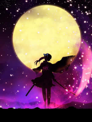 動漫女孩持劍站在發光月亮和星星下