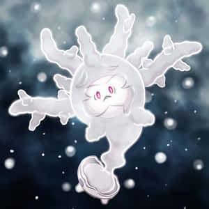 一個發光的白色雪花生物，有粉紅色的眼睛，在飄落的雪中漂浮。