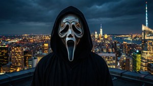 戴著Ghostface面具的人物在屋頂上俯瞰夜晚燈火通明的城市。