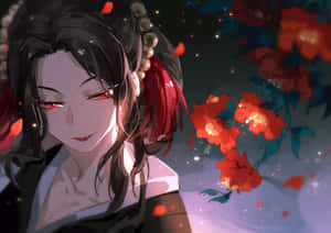 紅眼睛、黑頭髮的動漫女孩，在星光燦爛的夜空下，在發光的紅花中微笑。