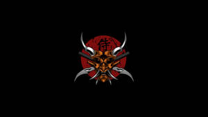 兇猛武士惡魔面具，帶有交叉劍和漢字，紅色太陽在黑色背景上。