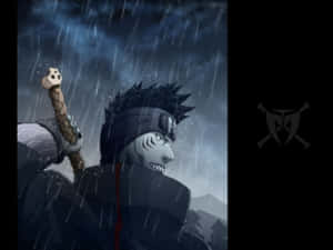 動漫忍者戰士在雨中，暴風雨天空下手持骨頭頂端法杖 — 古勒比加 壁紙