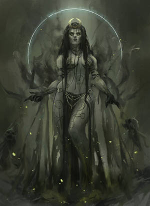 神秘的女神戴著新月皇冠，被陰影人物和發光的餘燼包圍。 — 黑白藝術 壁紙