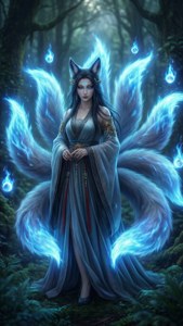 一隻九尾藍狐靈在神秘的森林中，伴隨著發光的球體。 — 英雄聯盟 壁紙