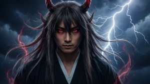 一個在雷暴中擁有發光紅眼和角的惡魔形象。 — 幽遊白書 GIF 壁紙
