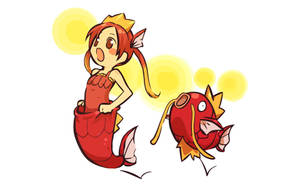 動漫美人魚和魚，背後有黃色太陽