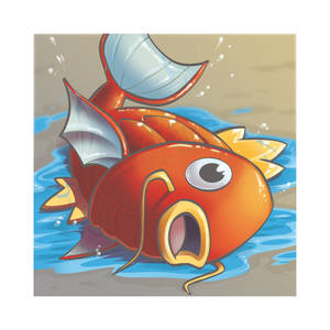 一條卡通魚在沙灘淺水中濺水時喘氣。