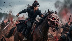 戰士騎著惡魔馬在血腥戰場上揮劍