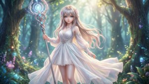 身穿白色連衣裙的動漫仙女女孩，在魔法森林中手持發光法杖。