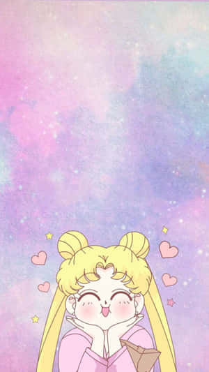 金髮粉衣的動漫女孩，雙手捧臉微笑，背景是柔和星空。