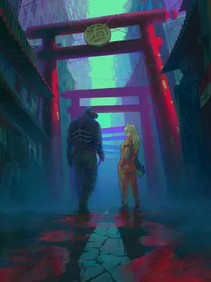 兩個動漫人物站在下雨的霓虹小巷中,一座發光的鳥居下。