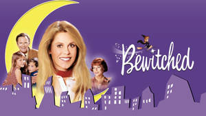 《神仙俏女巫》電視節目海報，主要演員和騎掃帚飛行的女巫。