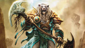 獅頭戰士身穿金色和藍色盔甲，在塵土飛揚的戰場上手持一把巨大的彎曲斧頭。