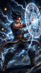 動漫戰士在暴風雨的夜空中，用發光的五角星召喚閃電魔法。