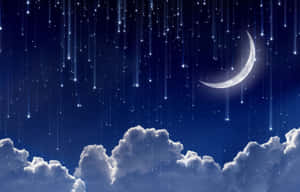 深藍色夜空中，蓬鬆雲朵上的新月和流星。 — 星星 壁紙