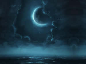 夜晚彎月映照黑暗暴風雨海洋，發光雲朵與星星 — 月色夜空 壁紙