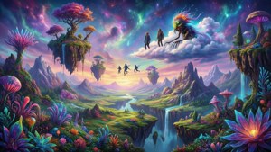 浮島上發光的植物和人物在宇宙天空下行走在雲端。 — 地球冒險 壁紙