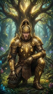 一位身穿金色盔甲的騎士跪在一棵發光的樹下，身處魔法森林中。 — 戰士 壁紙
