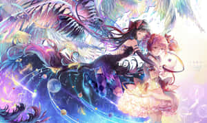 兩個有翼動漫女孩漂浮在星空宇宙場景中，有行星和發光粒子。