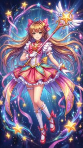 穿著粉紅色連衣裙的動漫女孩，手持星形魔杖，周圍環繞著閃爍的星星和絲帶。