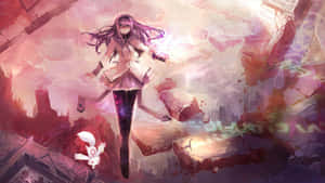 紫色頭髮的動漫女孩漂浮在破碎的城市景觀上方，天空發光粉紅色。