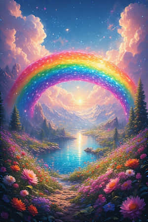 彩虹橫跨在山間湖泊上，有色彩繽紛的花朵和天空中的星星。 — iPhone 4 壁紙